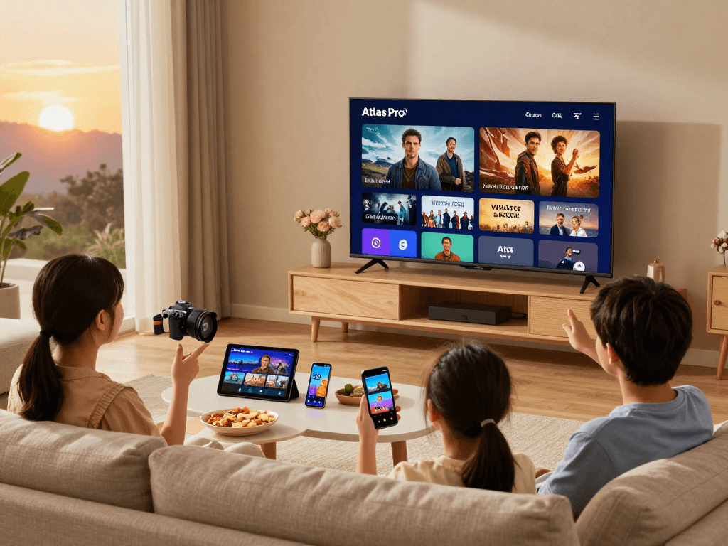 Profitez d'Atlas Pro ONTV pour des soirées cinéma en famille dans un salon moderne