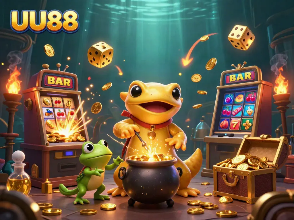 Engaging 3D illustration showcasing UU88's gaming excitement with slot machines and gold treasures.