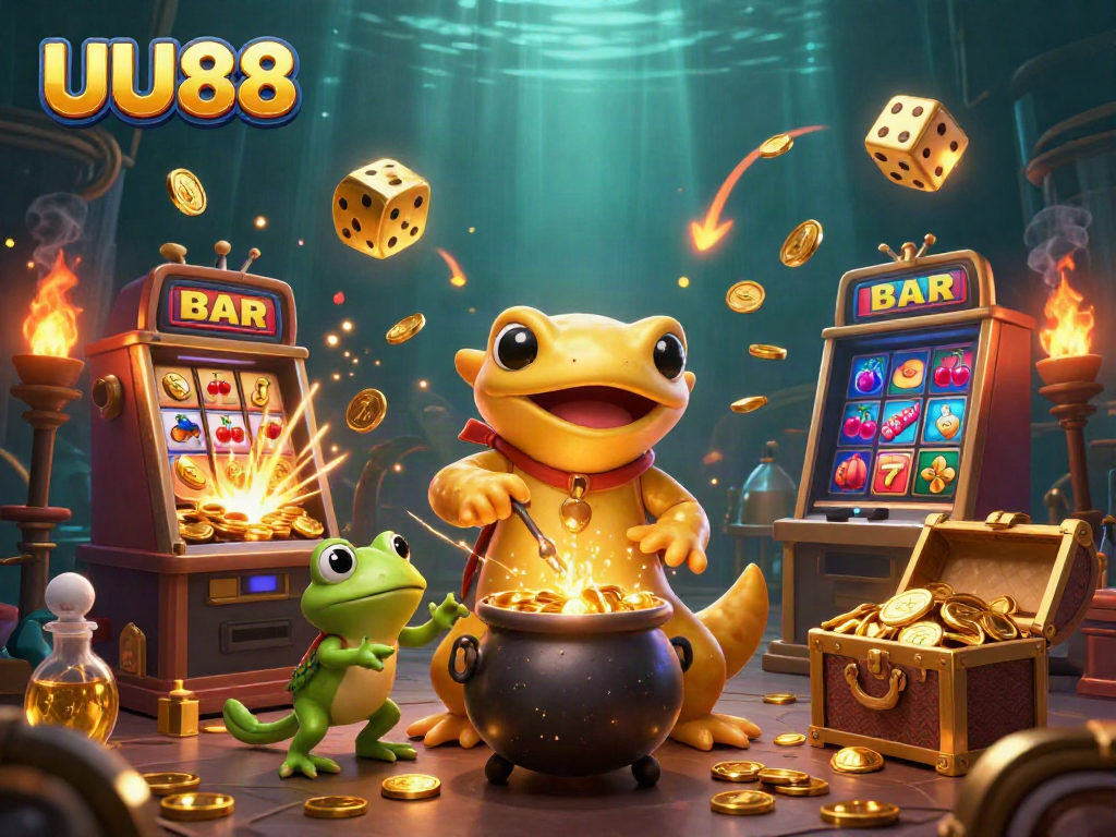 Engaging 3D illustration showcasing UU88's gaming excitement with slot machines and gold treasures.