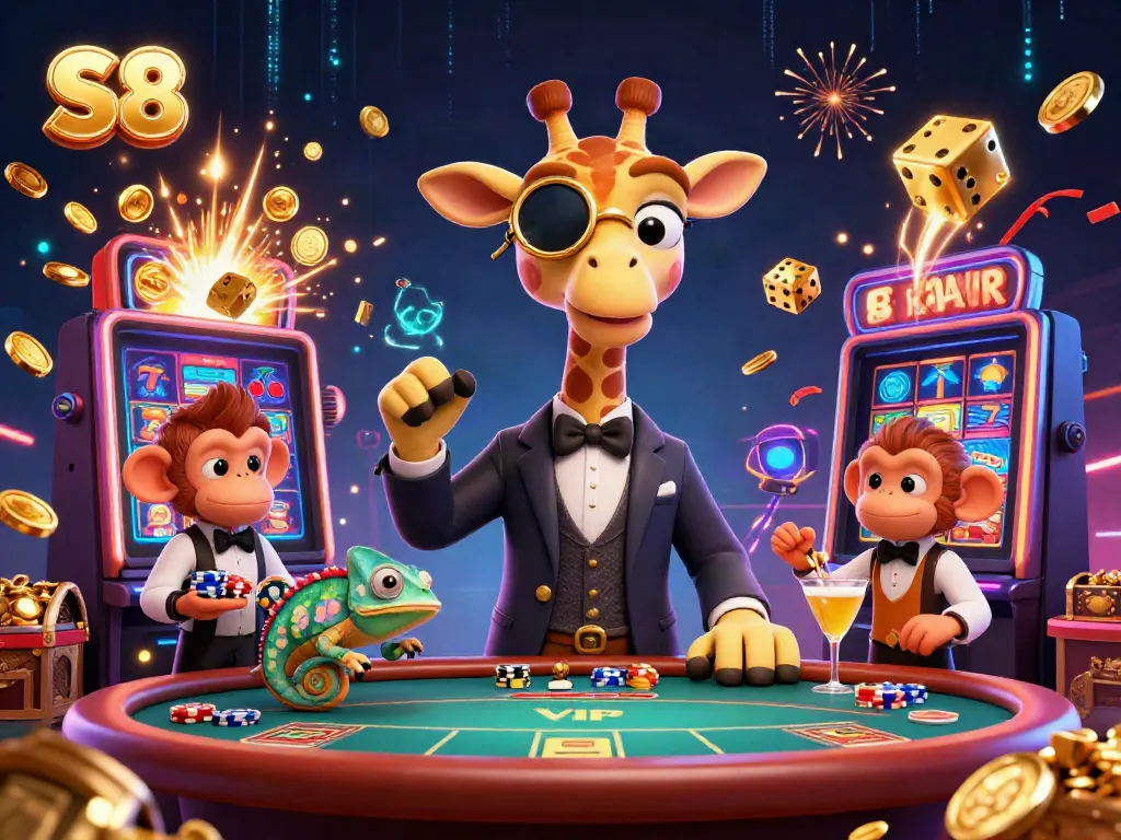 S8 offers a vibrant casino experience with a high-roller giraffe and lively gaming elements.