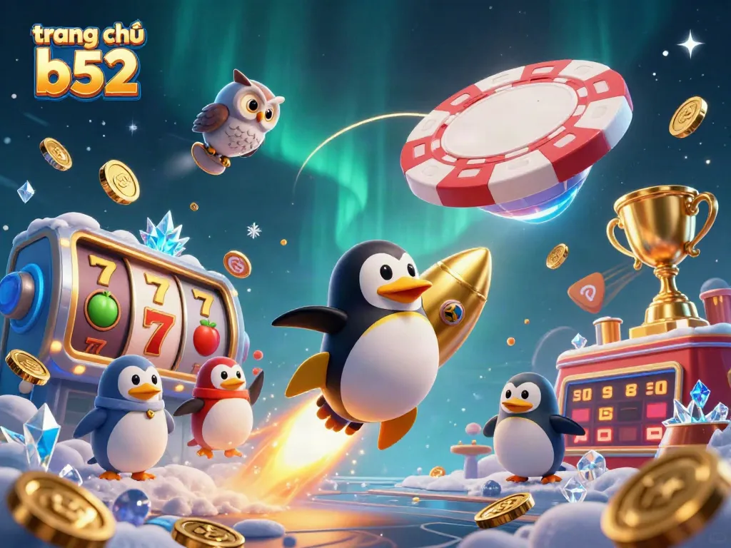 Win big at trang chủ b52 as a golden penguin reaches for jackpot in a vibrant casino scene.
