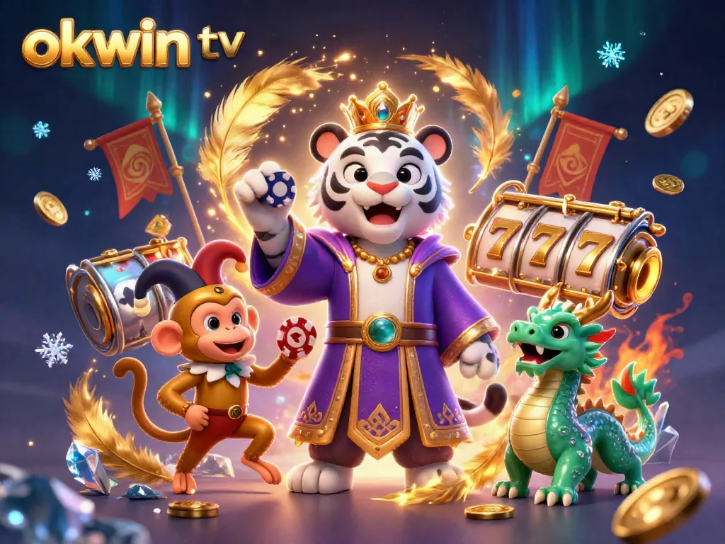 Experience excitement with okwin tv featuring a lively illustration of a tiger and monkey in a casino scene.