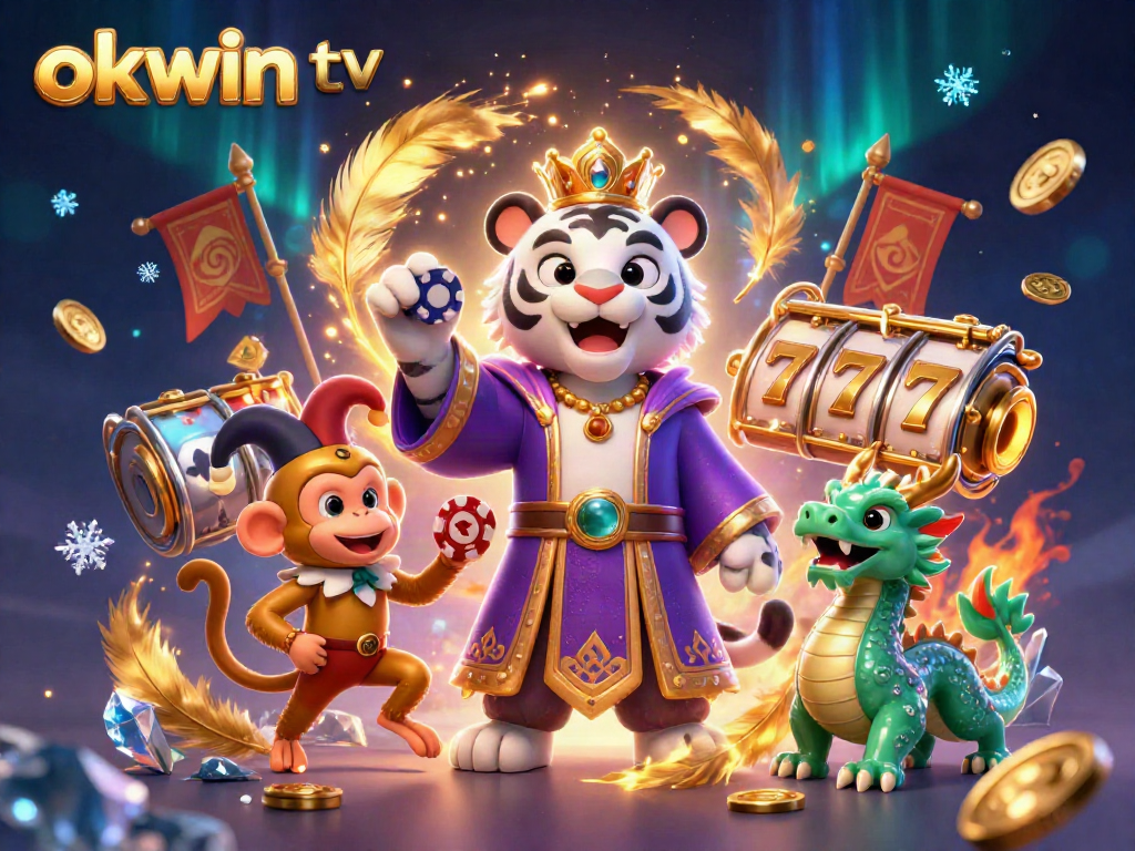 Experience excitement with okwin tv featuring a lively illustration of a tiger and monkey in a casino scene.