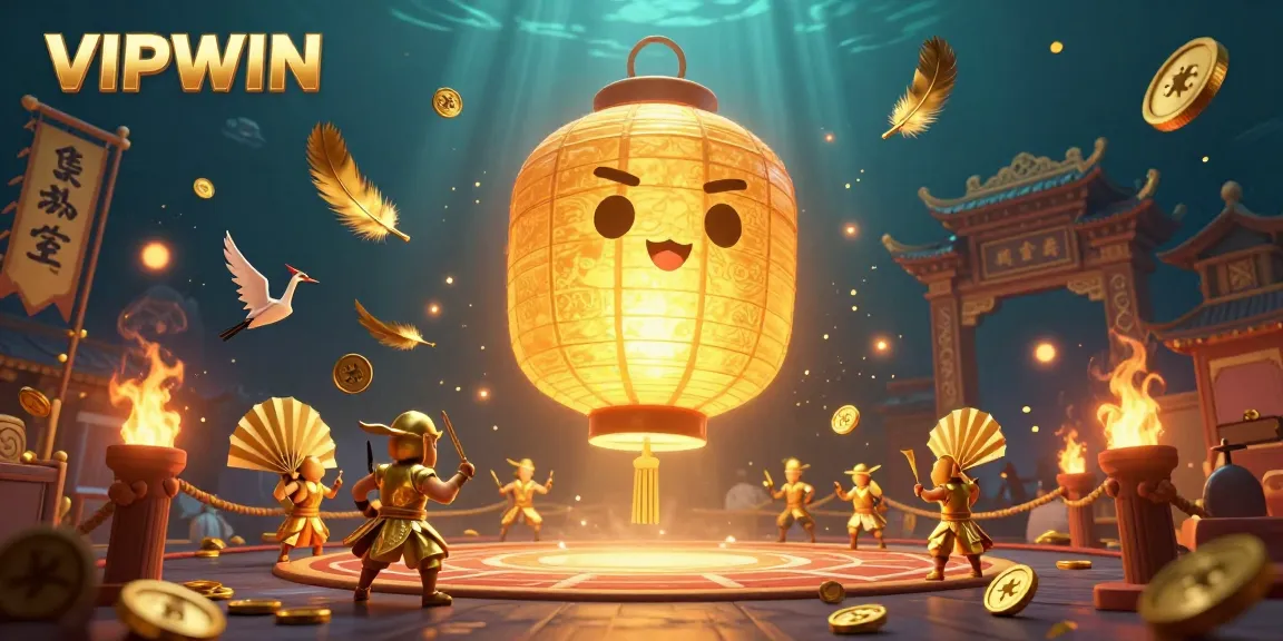 Experience the excitement of VIPWIN with a vivid 3D illustration showcasing a golden lantern spirit and dynamic casino elements.