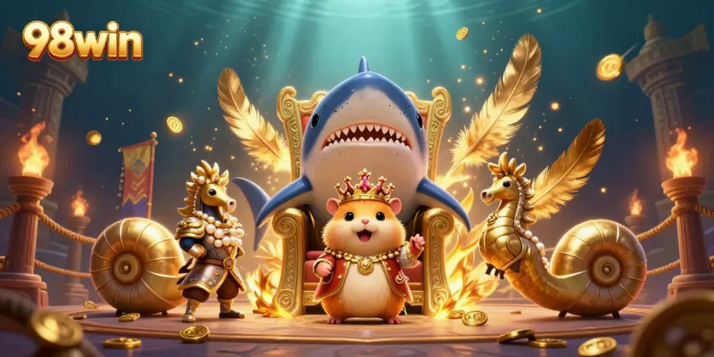 Experience the excitement of 98win's online games with a vibrant scene featuring a whimsical golden hamster king.
