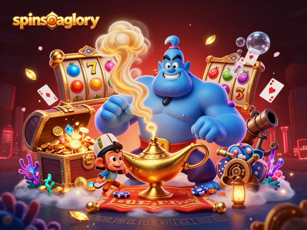 Experience the magic of spinsofglory with a vibrant 3D illustration showcasing thrilling slot elements.