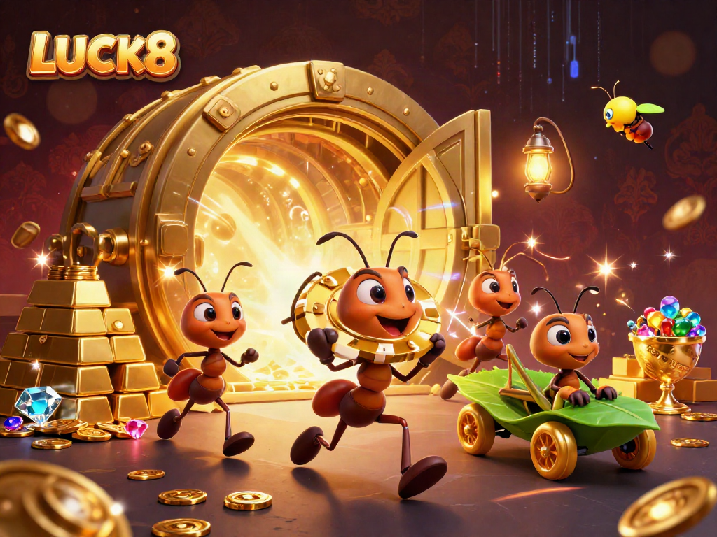 LUCK8: Animated ants executing a heist in a vibrant casino-themed illustration