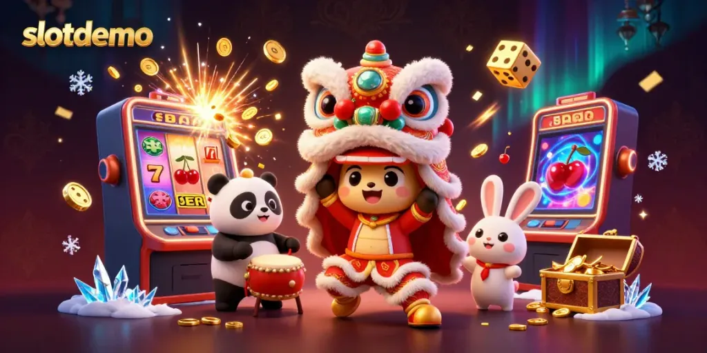 Experience excitement with slotdemo's vibrant scene featuring arcade jackpot win celebrations and animated characters.