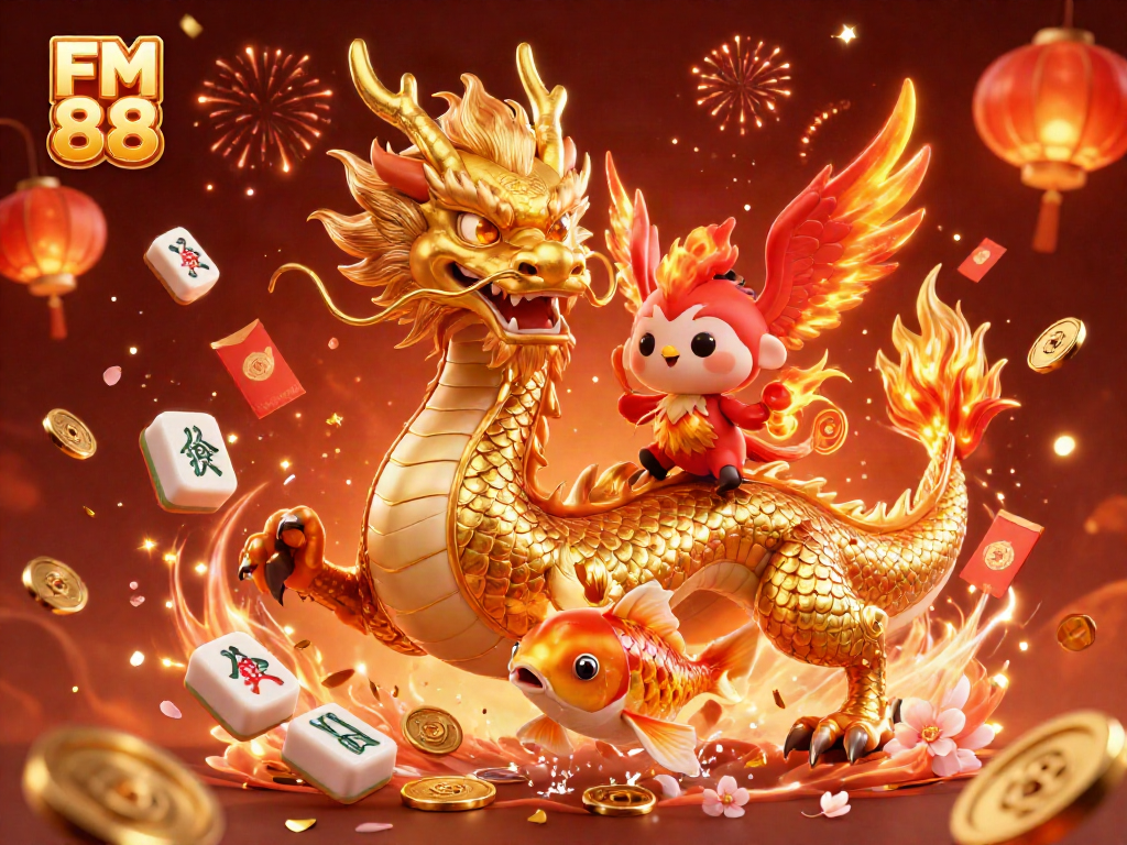 Experience the excitement of FM 88 with a thrilling scene of a golden dragon, phoenix, and koi fish.