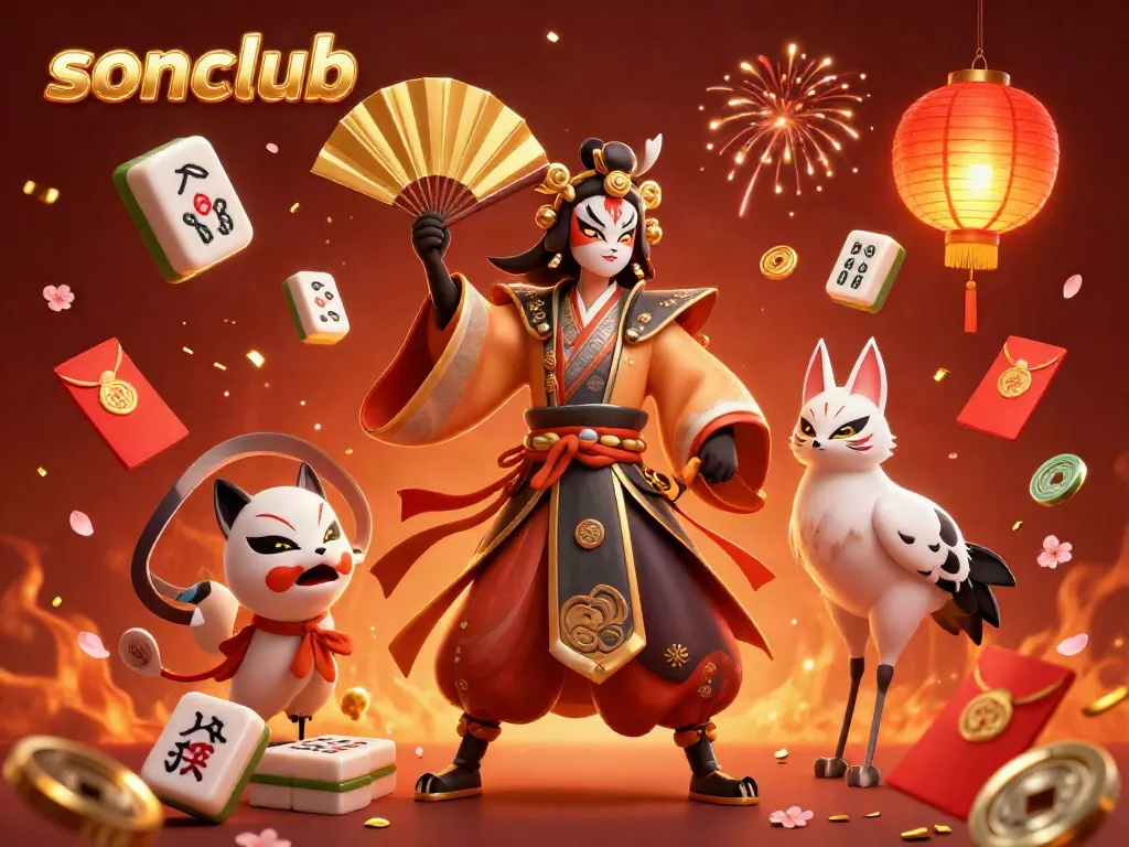 Experience the vibrant ambiance of sonclub with animated characters, festive elements, and casino excitement in a dynamic illustration.