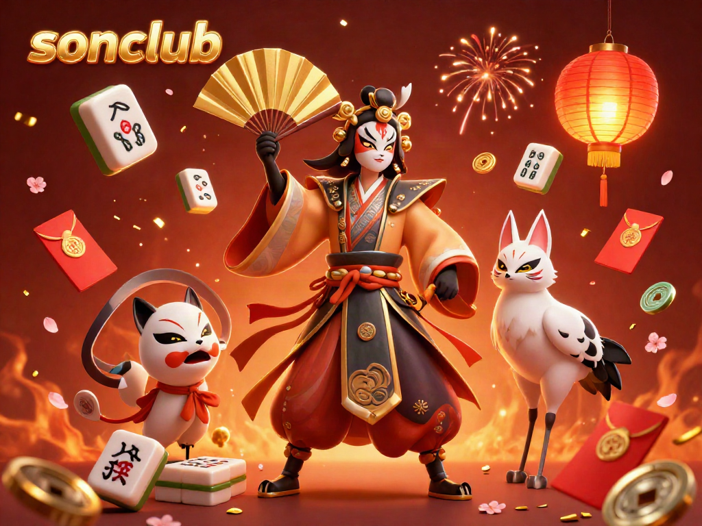 Experience the vibrant ambiance of sonclub with animated characters, festive elements, and casino excitement in a dynamic illustration.