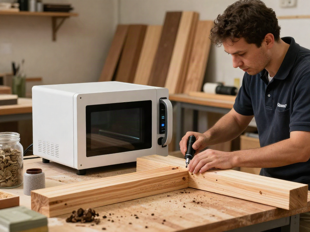 Traitement du bois avec Shashel® en atelier, technicien utilisant un appareil à micro-ondes.