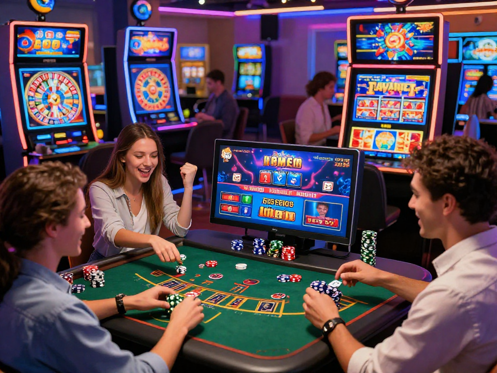 Groupe de joueurs heureux sur un casino en ligne, entourés de machines à sous et de jeux de table, profitant d'une expérience de jeu immersive.