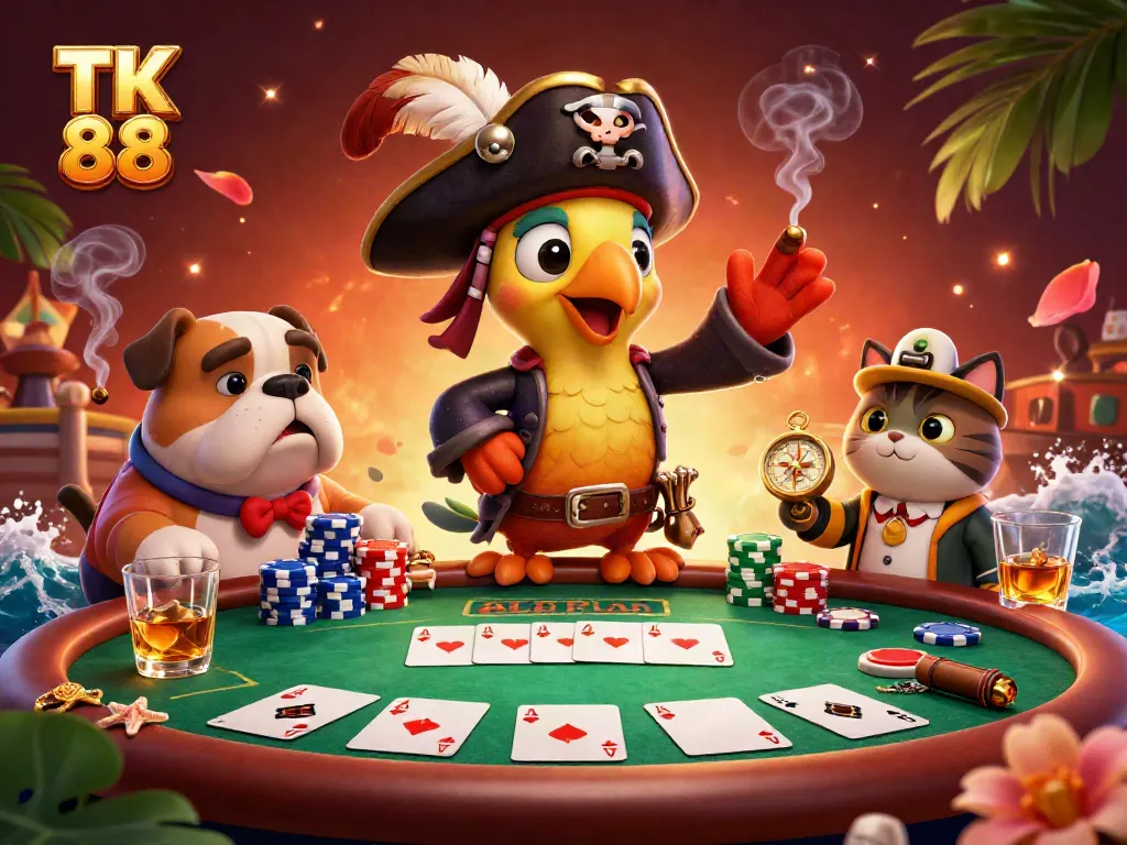 Experience the thrilling world of TK 88 with a dynamic 3D pirate scene featuring poker action and vibrant elements.