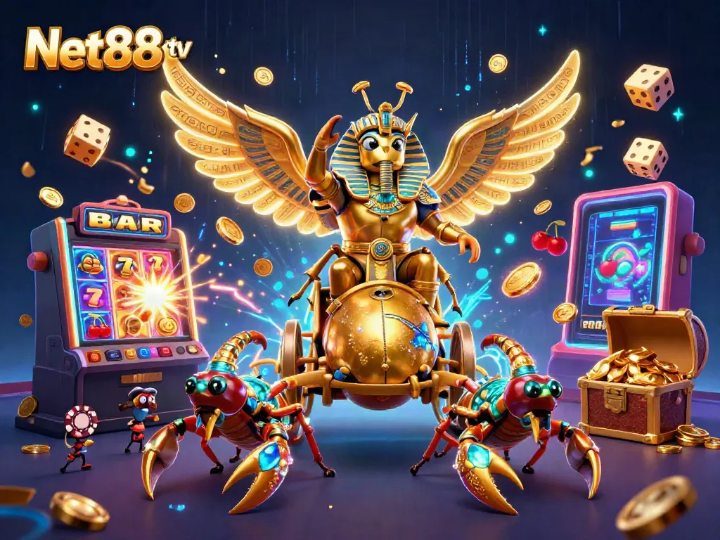 Experience the dazzling excitement of Net88 tv with a golden scarab beetle, slot machines, and jackpot coins.