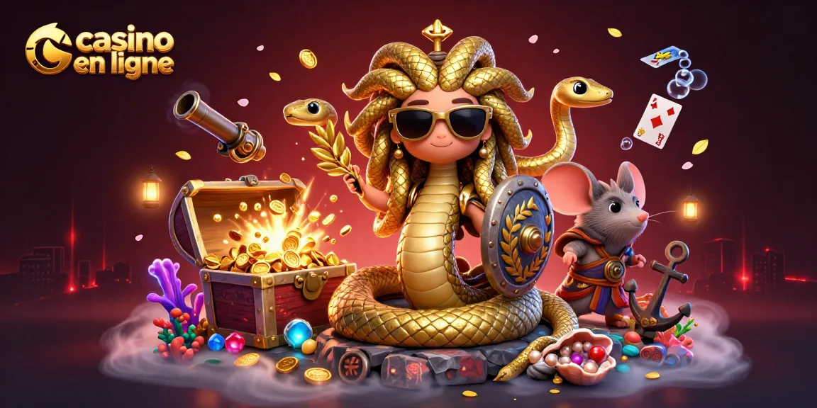 Découvrez un monde enchanteur de casino en ligne avec Medusa et un guerrier souris, entourés de richesses sous-marines.