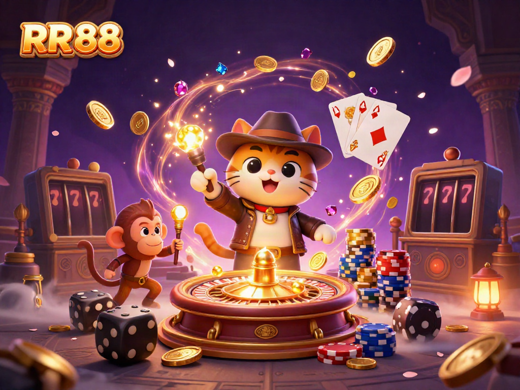Discover the excitement of RR 88 with an archaeologist cat exploring golden casino treasures in a vibrant 3D scene.