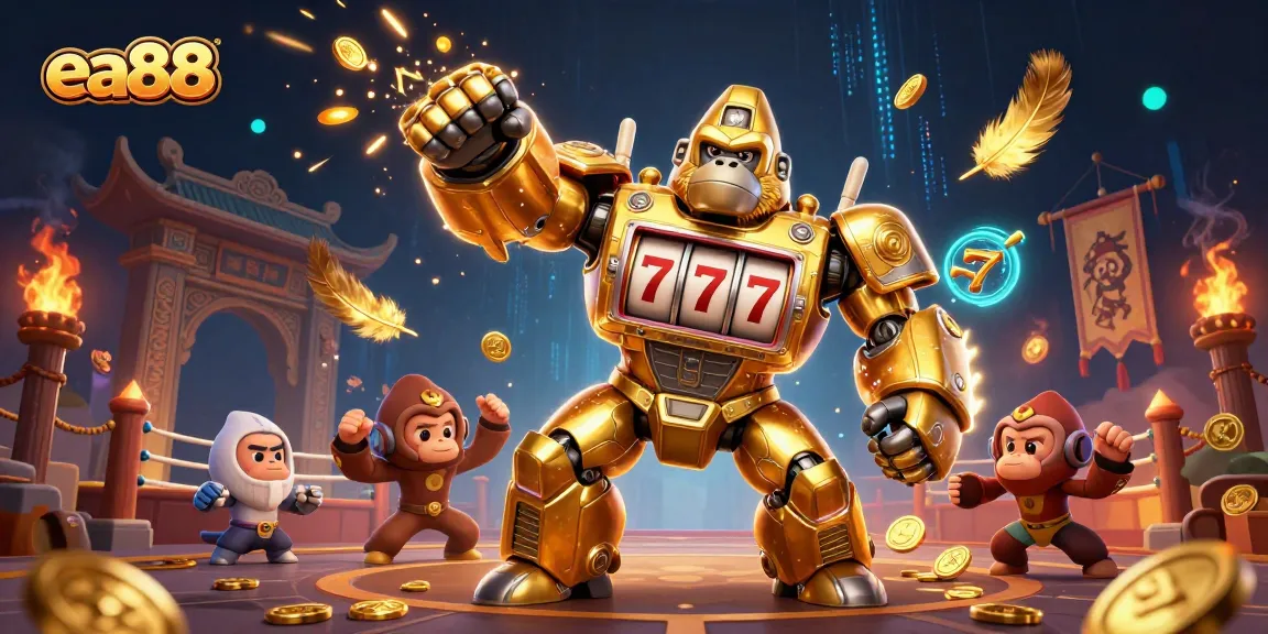 Experience thrilling wins with ea88's explosive golden gorilla mech amidst swirling coins and dynamic gambling elements