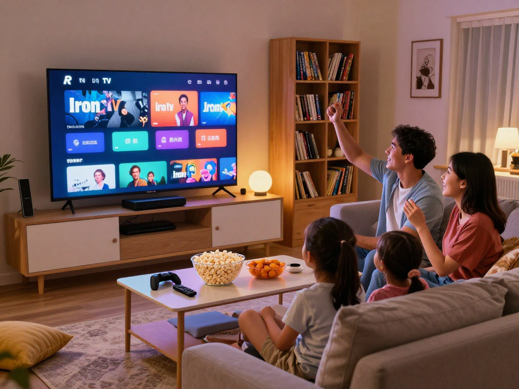 Une famille regardant Iron tv ensemble dans un salon confortable
