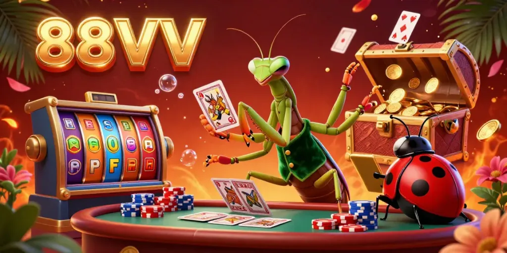 Experience thrilling casino action with 88VV, featuring a mantis dealer, ladybug boss, and vibrant slot reels.