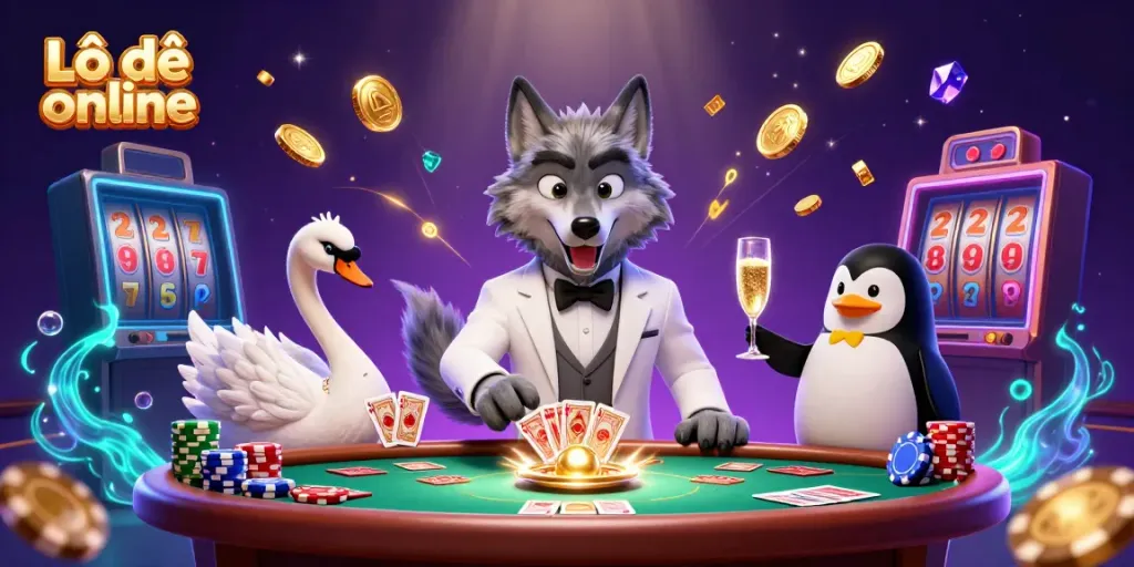 Experience the thrill of Lô đề online with this vibrant 3D illustration featuring dynamic cartoon characters at a casino table.