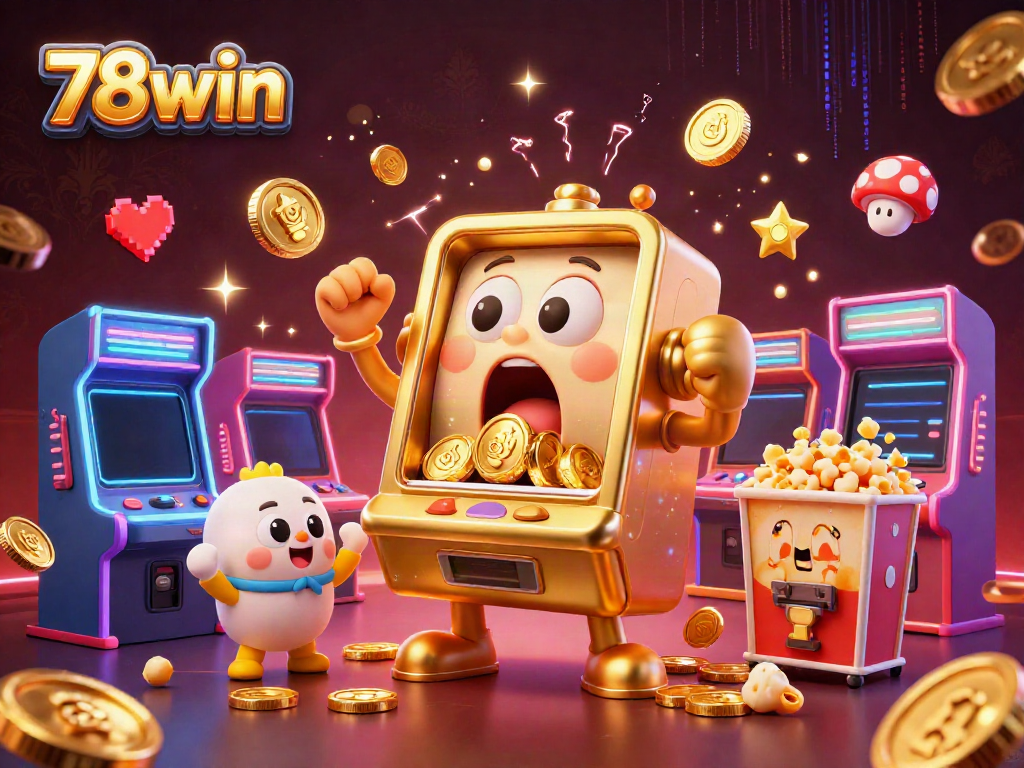 Engage with 78win's vibrant casino world through a dynamic 3D illustration featuring a golden slot machine hitting a jackpot.