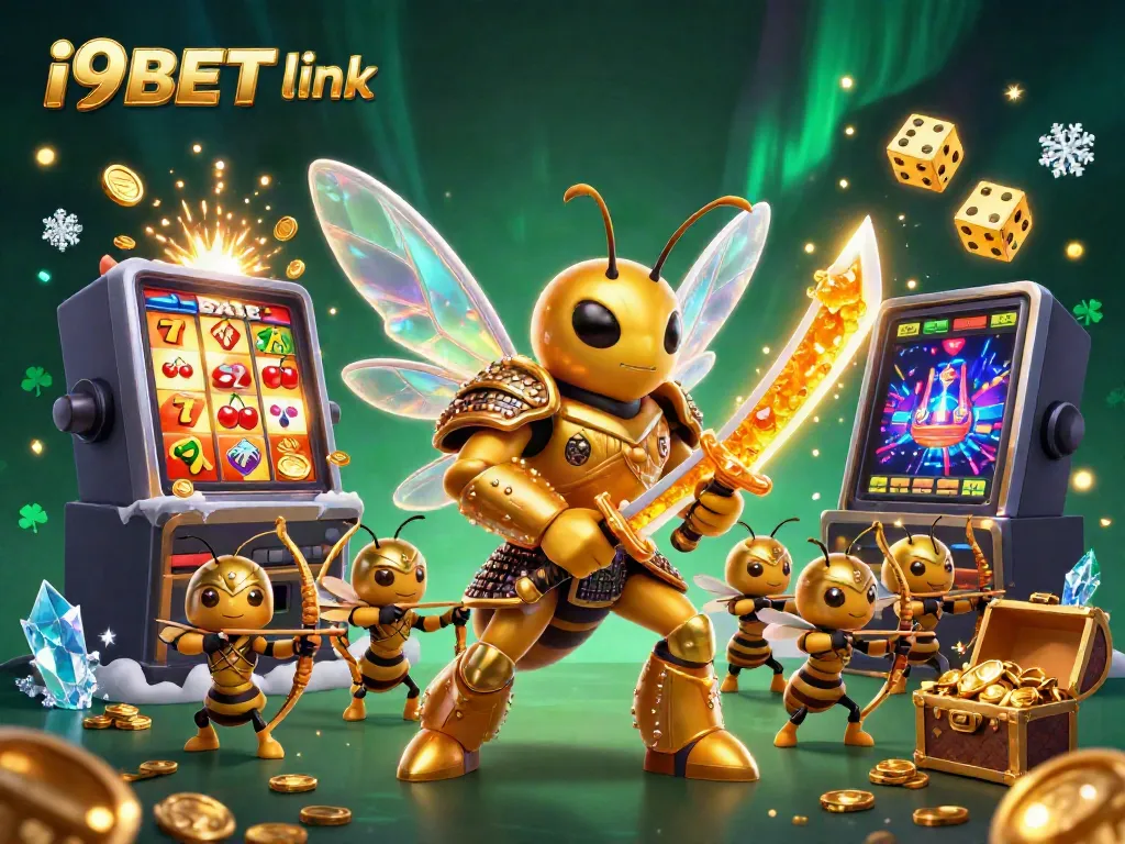 Experience the thrill of gaming with i9BET link, featuring a vibrant scene of a golden hornet and slot machines bursting with rewards.