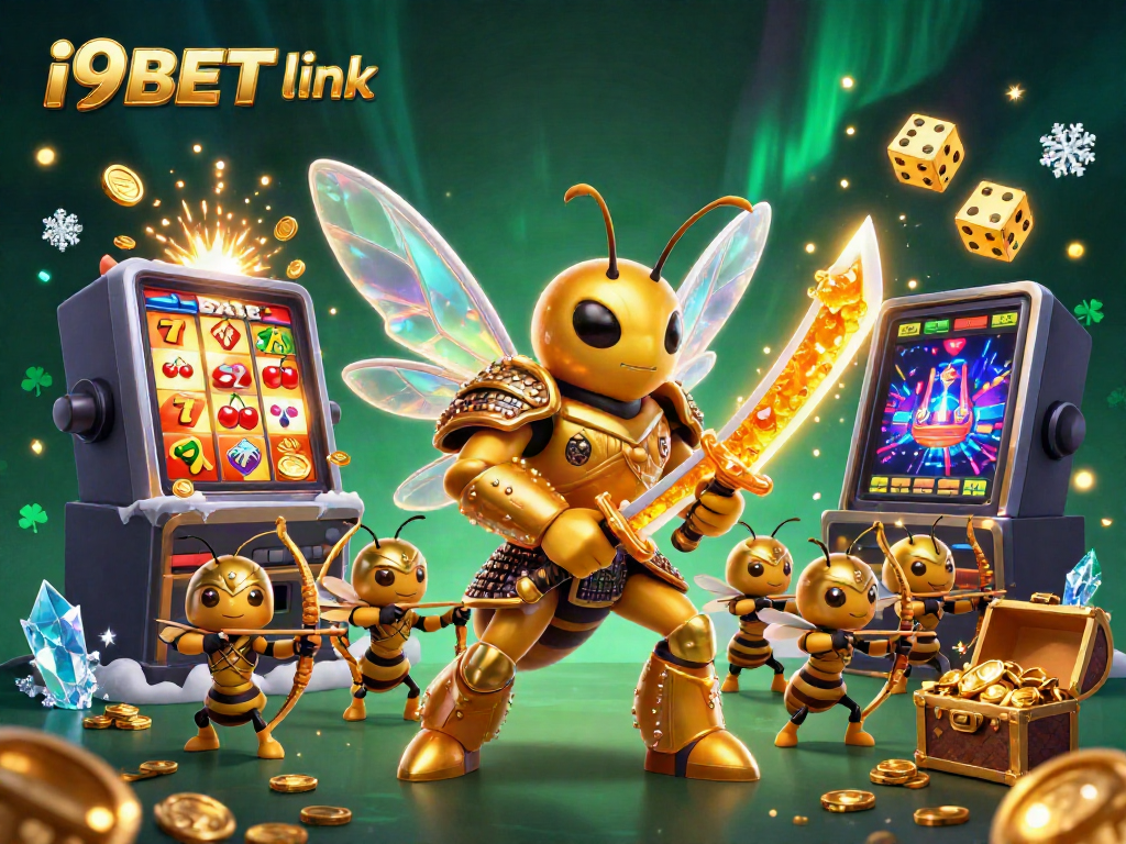 Experience the thrill of gaming with i9BET link, featuring a vibrant scene of a golden hornet and slot machines bursting with rewards.