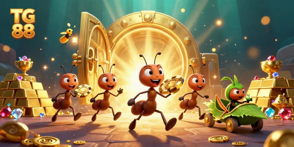 Experience the exciting heist with TG 88 as ants navigate colorful casino treasures in a vibrant scene.