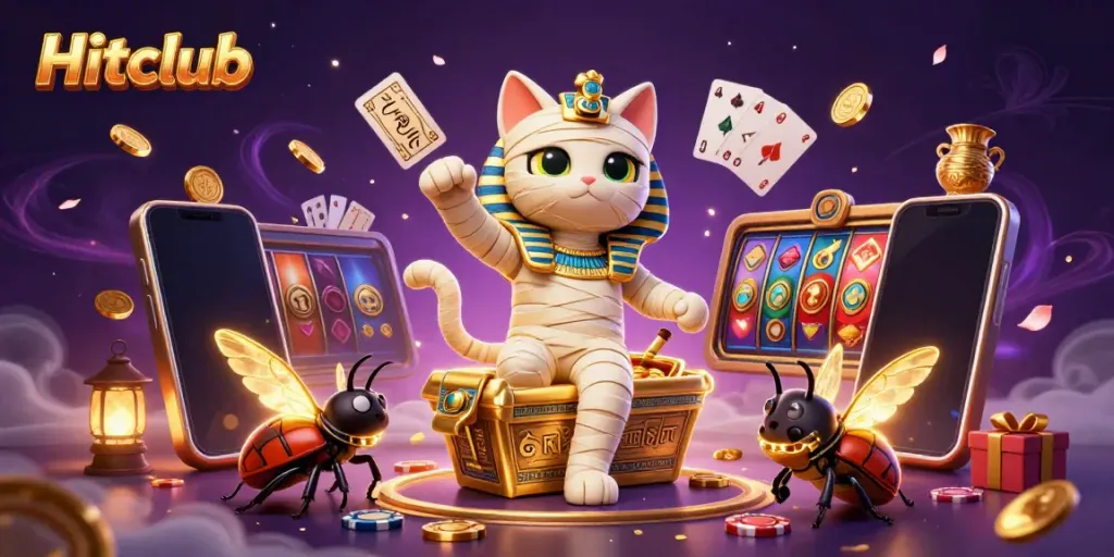 Hitclub features a 3D animated mummy cat and scarab beetle amidst slot games and casino elements.