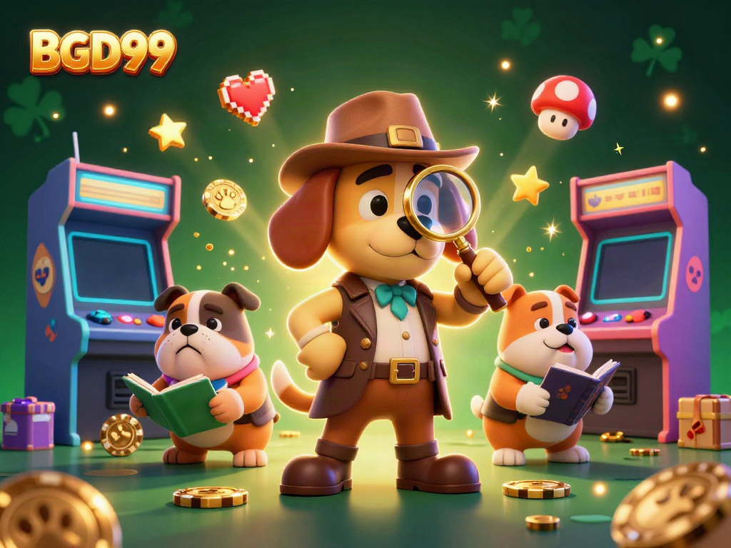 Engage in thrilling gaming at BGD99 with a detective bloodhound and playful bulldog amid casino elements.