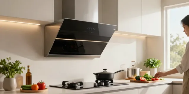 Hotte encastrable 60 cm dans une cuisine moderne avec un cuisinier préparant des légumes frais.