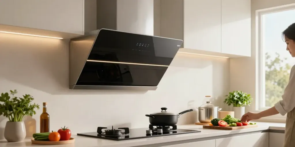 Hotte encastrable 60 cm dans une cuisine moderne avec un cuisinier préparant des légumes frais.