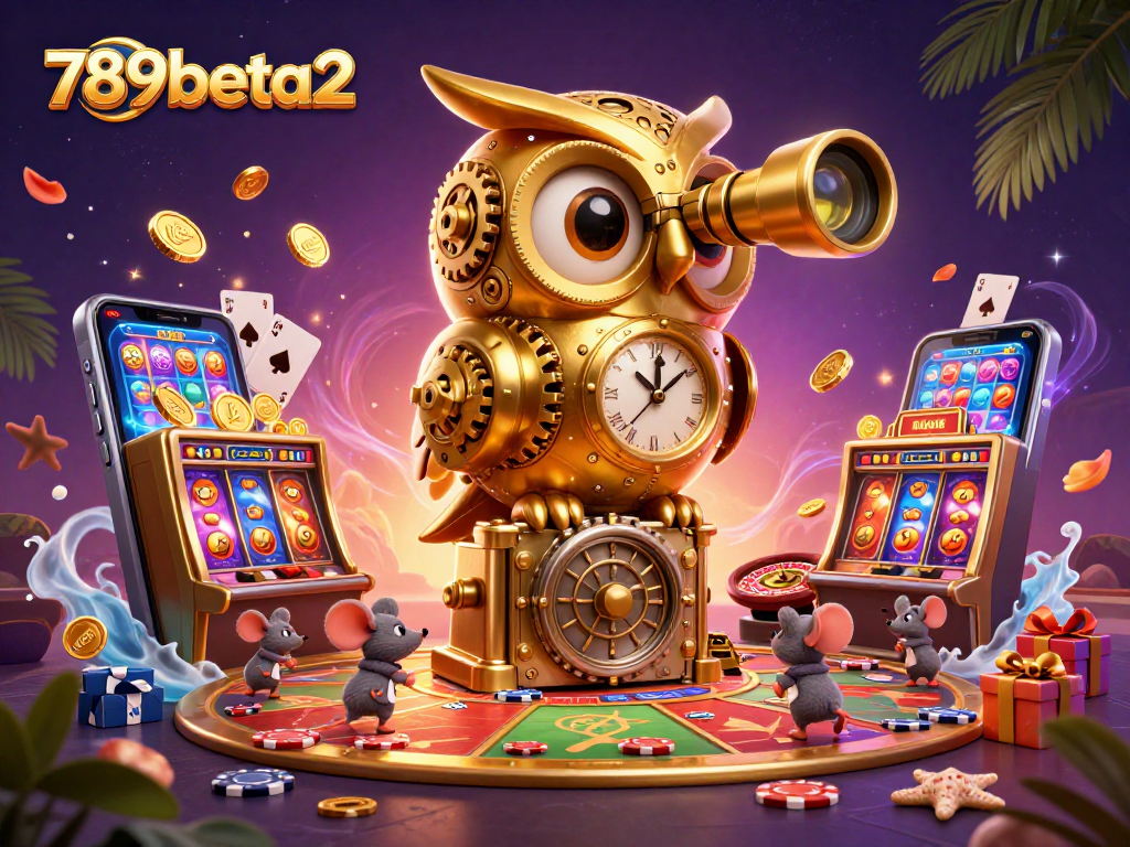Engage in thrilling gameplay at 789beta2 with a vibrant casino scene featuring a golden owl and dynamic slot elements.