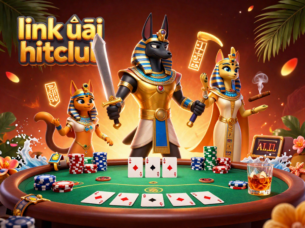 Experience thrilling poker action with link vào hitclub, featuring Anubis and Bastet in a casino scene.