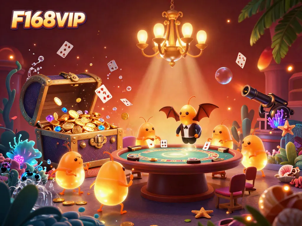 Experience thrilling gaming at F168VIP in this animated casino scene with glowing glowworms and vibrant treasures.