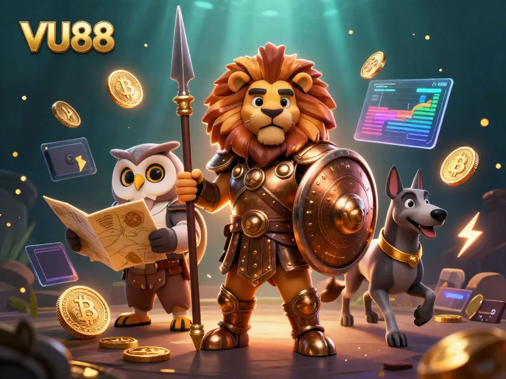 Experience the vibrant gaming world of VU88 with a heroic Spartan lion and strategic owl amid floating crypto elements.