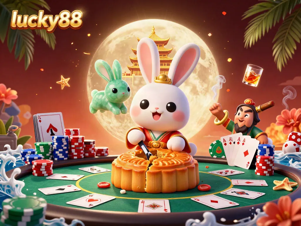 Experience lucky88's vibrant gaming atmosphere with a moon rabbit revealing poker chips.