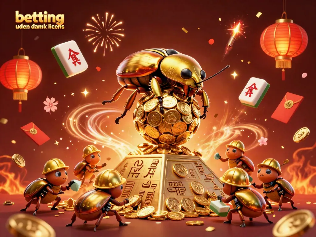 Engage in thrilling betting uden dansk licens with a vibrant 3D casino illustration showcasing golden beetles and festive elements.