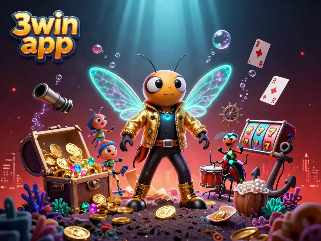 Engage with the 3win app featuring a vibrant 3D casino scene with animated characters, explosive treasure, and casino elements.