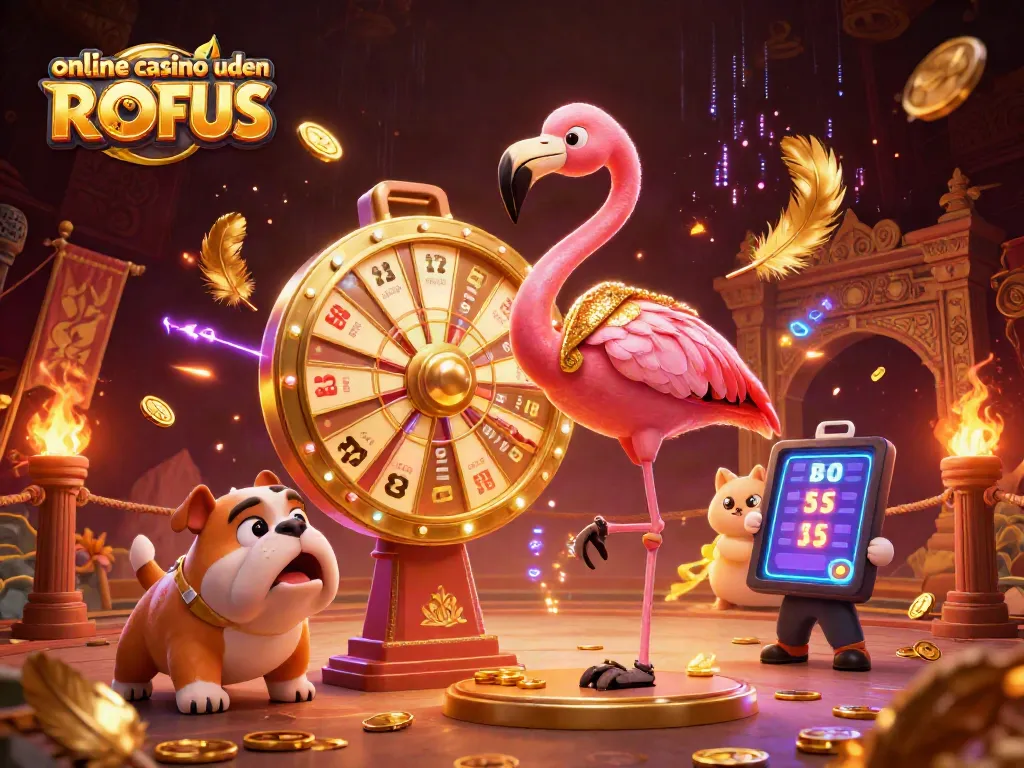 Spin the prize wheel at an online casino uden ROFUS with an excited bulldog and glamorous visuals.