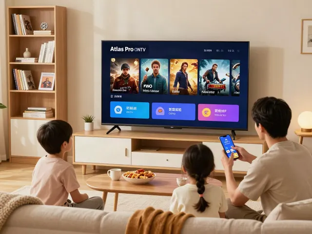 Une famille utilisant Atlas Pro ONTV pour regarder des émissions dans un salon accueillant.