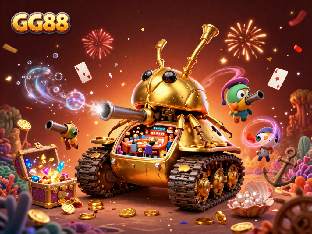 Experience the excitement of GG88 with a vibrant 3D casino scene featuring iconic gaming elements.