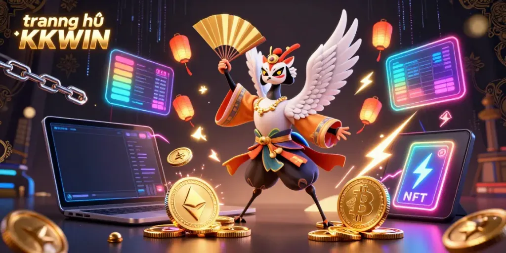 Engage with the exciting world of trang chủ KKWIN, featuring a kabuki warrior and crypto elements for online gambling.