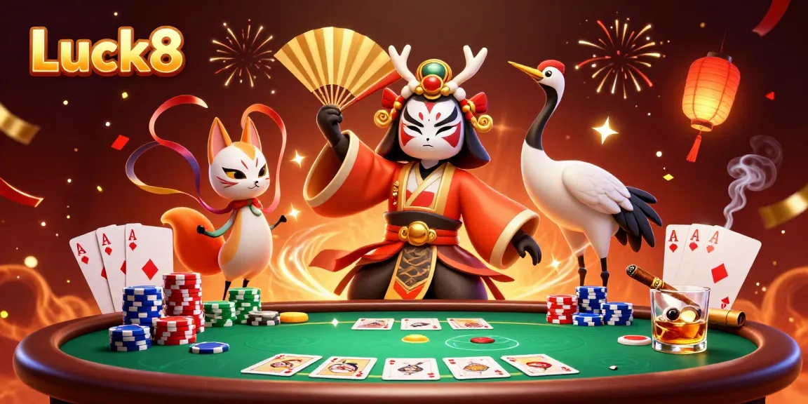 Experience the vibrant action of Luck8 with kabuki characters and poker elements in engaging 3D illustration.