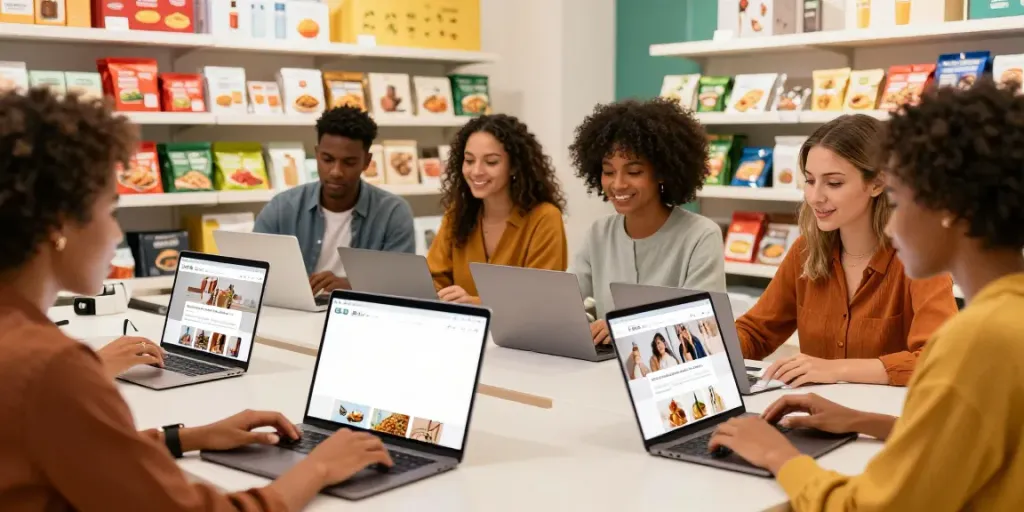 Scène d'achats en ligne de produits brésiliens sur un site e-commerce vibrant.
