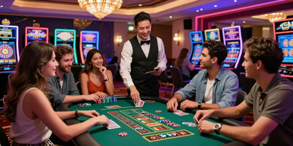 Scène de casino en ligne sans dépôt où des amis profitent d'une soirée de jeux excitante