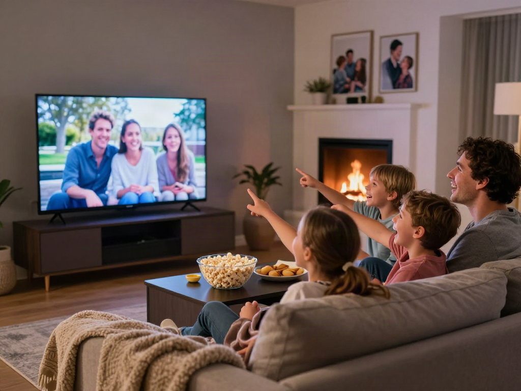 Soirée cinéma familiale autour de la télévision Iron avec des rires et des collations.