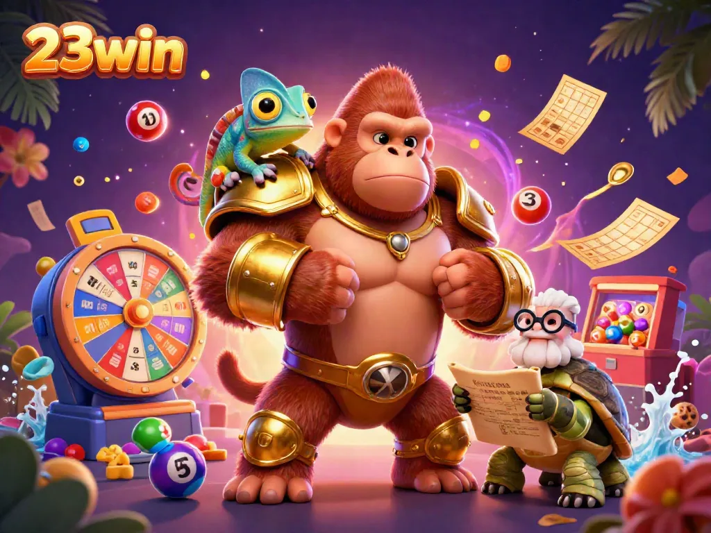 Spin into excitement with 23win as colorful lottery elements surround a powerful gorilla king and his companions.
