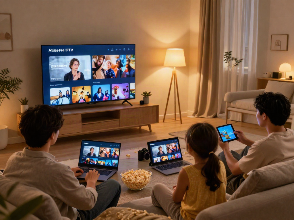 Expérience de divertissement avec atlas pro iptv sur plusieurs appareils dans un salon moderne.